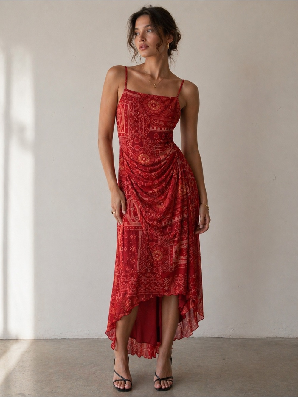 Chic Boho Bold Red Orange Geometric Hi-Low Sundress Ruched Strap Square Neck S